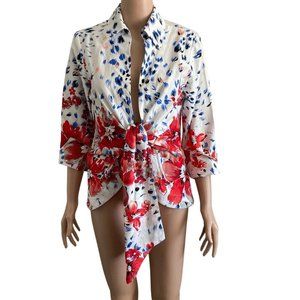 Floral Tie-Front Blouse - Red and Blue